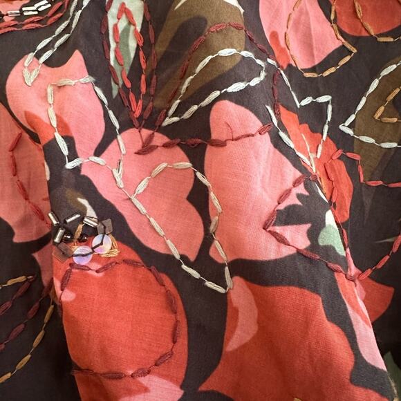 Talbots Silk Full Skirt Brown Embellished Embroidered Coral Floral Academia Twee - Picture 4 of 6